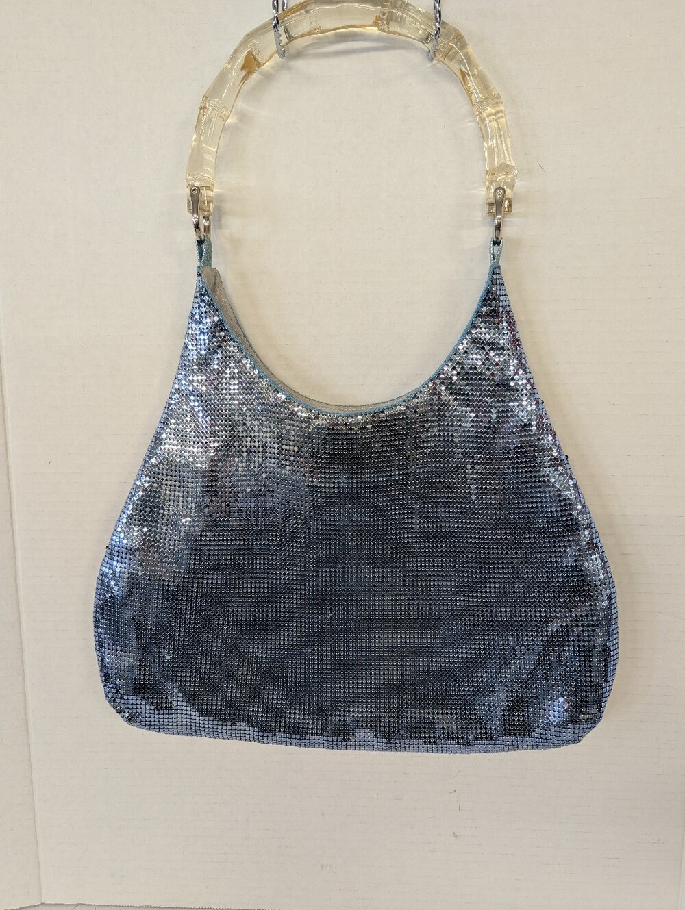 Vintage Whiting And Davis Blue Sequin Shoulder Bag Lucite Handle Y2k